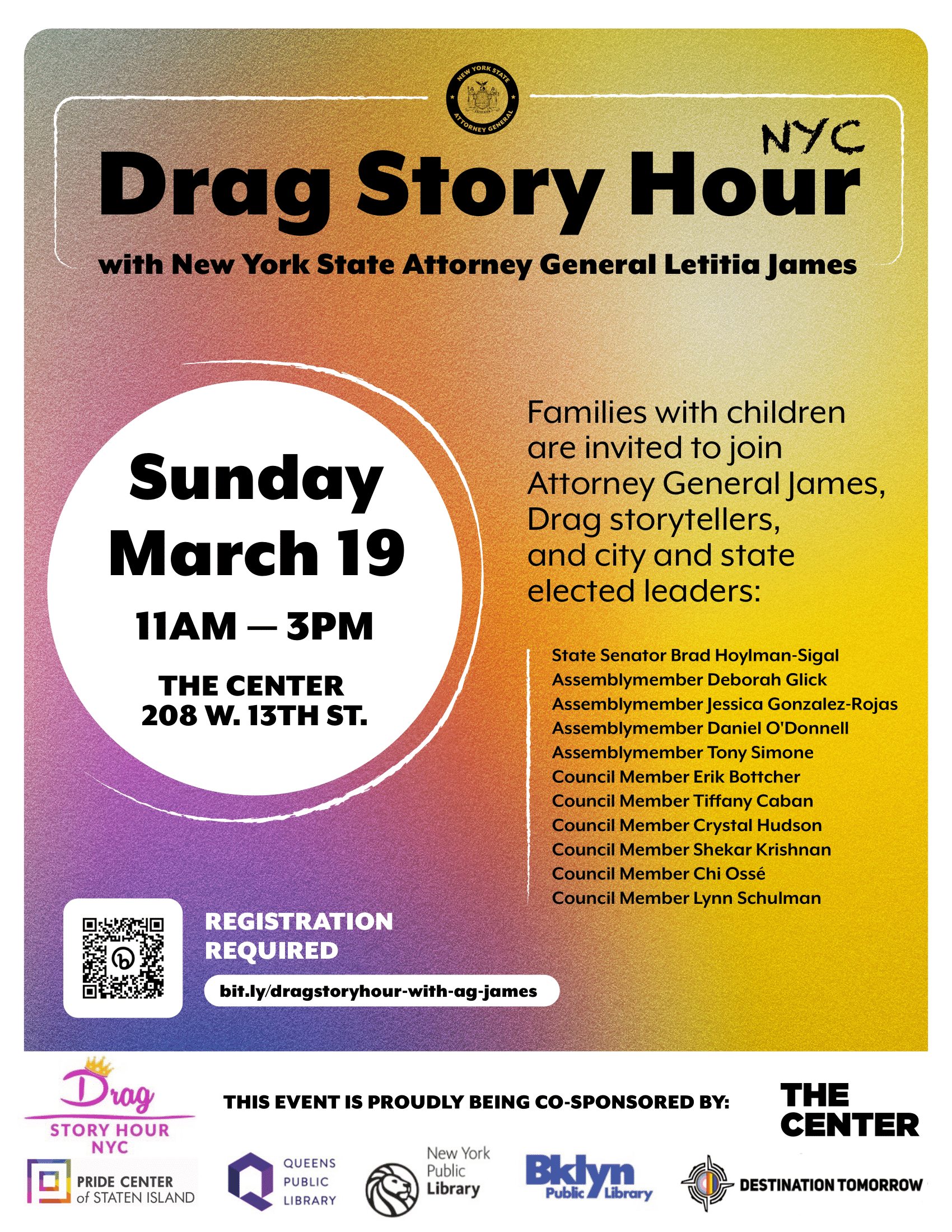 NYC Drag Story Hour With New York State Attorney General Letitia James. Sunday March 19th 11am-3pm